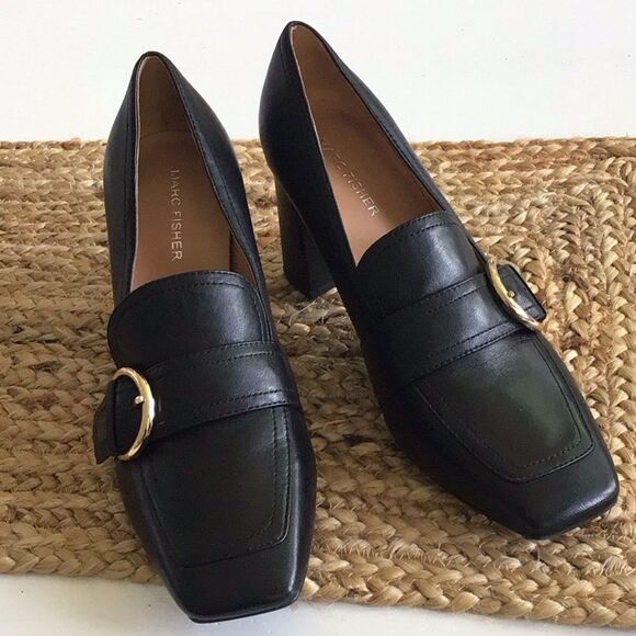 Marc Fisher Floralin Black Leather Square Toe Gold Buckle Classic Loafer Heels - Picture 1 of 15